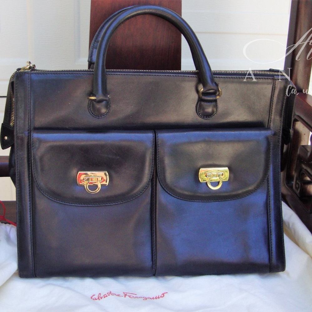 Salvatore Ferragamo Black Vtg 70s Leather Tote